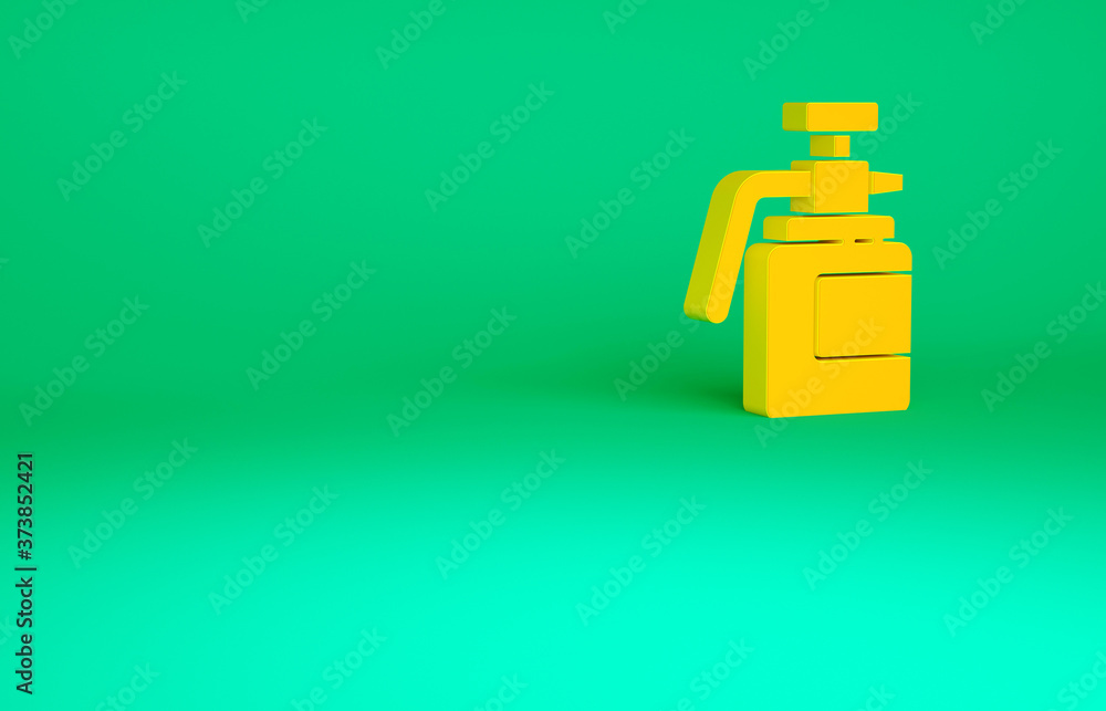 Orange Garden sprayer for water, fertilizer, chemicals icon isolated on green background. Minimalism concept. 3d illustration 3D render. Orange Garden sprayer for water, fertilizer, chemicals icon isolated on green background. Minimalism concept. 3d illustration 3D render.