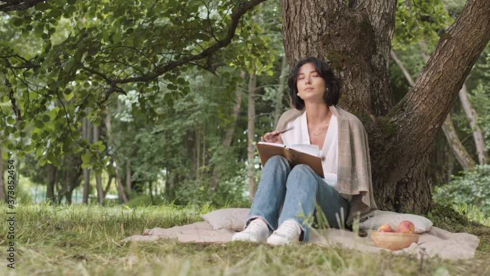 Lockdown of young attractive brunette wearing casual clothes is sitting on plaid under the tree and writing in notepad Lockdown of young attractive brunette wearing casual clothes is sitting on plaid under the tree and writing in notepad