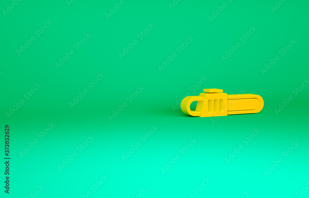 Orange Chainsaw icon isolated on green background. Minimalism concept. 3d illustration 3D render. Orange Chainsaw icon isolated on green background. Minimalism concept. 3d illustration 3D render.