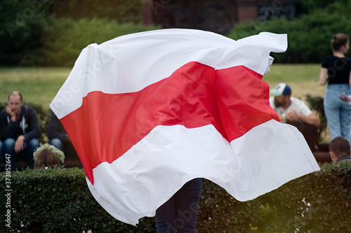 MINSK, BELARUS - August 23, 2020:  March of New Belarus in Minsk. Flag of Belarus. White red white photo