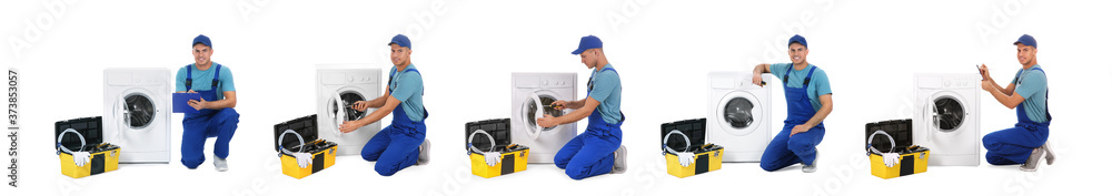 Collage with photos of plumber on white background. Banner design Collage with photos of plumber on white background. Banner design