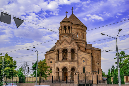 Dnipro, Ukraine - July 20, 2020: Modern Armenian Church of Saint Gregory the Illuminator in Dnipro. The building of a Christian temple made of brown-beige tuff stone