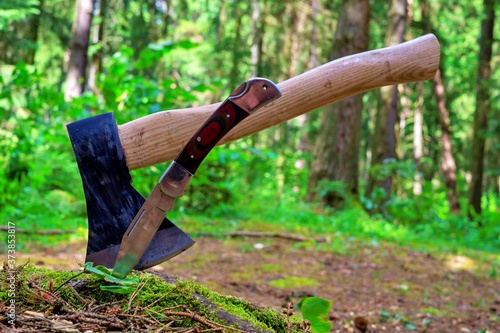 Axe or chopper with folding pocket knife