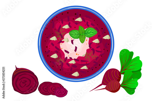 Beetroot soup isolated on white background. Delicious hot borscht soup and beetroot slices near. Tasty vegetable creamy soup in plate top view. Beet root delicious soup. Stock vector illustration