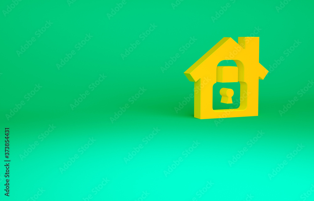 Orange House under protection icon isolated on green background. Home and lock. Protection, safety, security, protect, defense concept. Minimalism concept. 3d illustration 3D render. Orange House under protection icon isolated on green background. Home and lock. Protection, safety, security, protect, defense concept. Minimalism concept. 3d illustration 3D render.