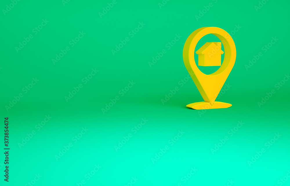 Orange Map pointer with house icon isolated on green background. Home location marker symbol. Minimalism concept. 3d illustration 3D render. Orange Map pointer with house icon isolated on green background. Home location marker symbol. Minimalism concept. 3d illustration 3D render.
