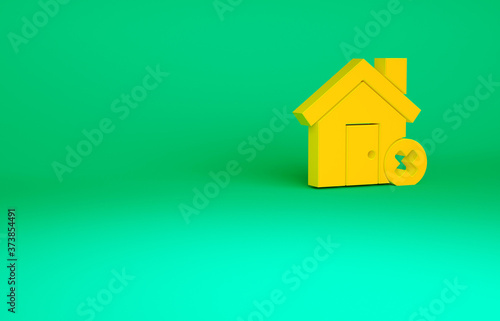Orange House with wrong mark icon isolated on green background. Home and close, delete, remove symbol. Minimalism concept. 3d illustration 3D render.