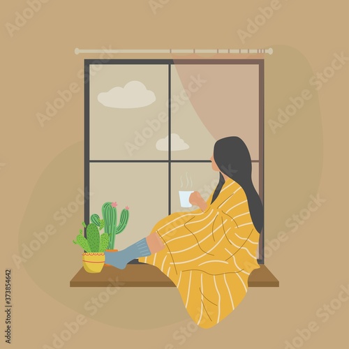 Young woman drinking tea or coffee and looking through window while sitting on windowsill at home with cozy blanket. Vector illustration meditating concept.
