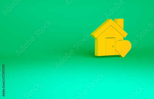 Orange House with heart shape icon isolated on green background. Love home symbol. Family, real estate and realty. Minimalism concept. 3d illustration 3D render.