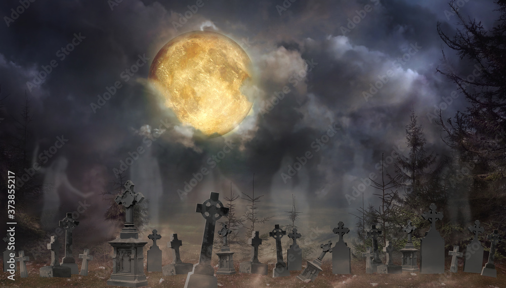 Ghosts rising from their graves with creepy headstones at old cemetery on Halloween