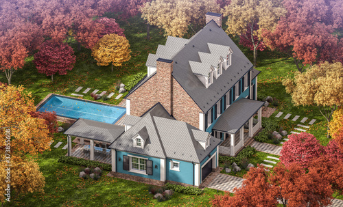 3d rendering of modern cozy classic house in colonial style with garage and pool for sale or rent with beautiful landscaping on background. Clear sunny autumn day with golden leaves anywhere. © korisbo