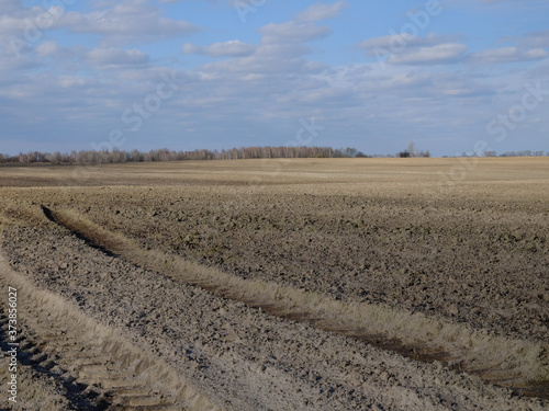 Traces of large agricultural machinery in a plowed field. The sky over the farmland. Agricultural landscape. photo