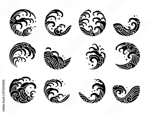 Set of Japanese water wave tattoo oriental silhouette style vector illustration.