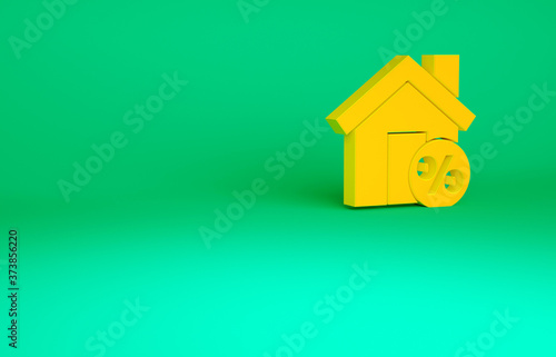 Orange House with percant discount tag icon isolated on green background. House percentage sign price. Real estate home. Minimalism concept. 3d illustration 3D render.