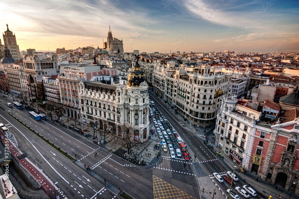 Metropolis Building with a nice sunset in Madrid