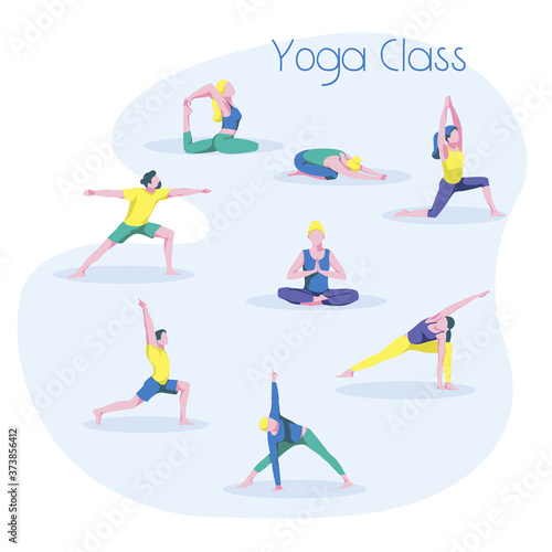Yoga class with people doing sports. Young men and women demonstrating various asanas, yoga workout poses. Healthy lifestyle and fitness concept cartoon vector illustration