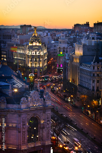 Metropolis building in Madrid in the evening