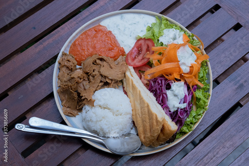 Vegan Doner Plate Kebab with Pita Bread, Rice and Salad