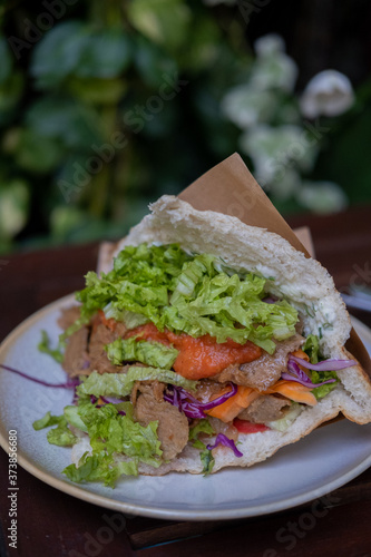 Vegan Kebab Sandwich with Pita Bread and Salad