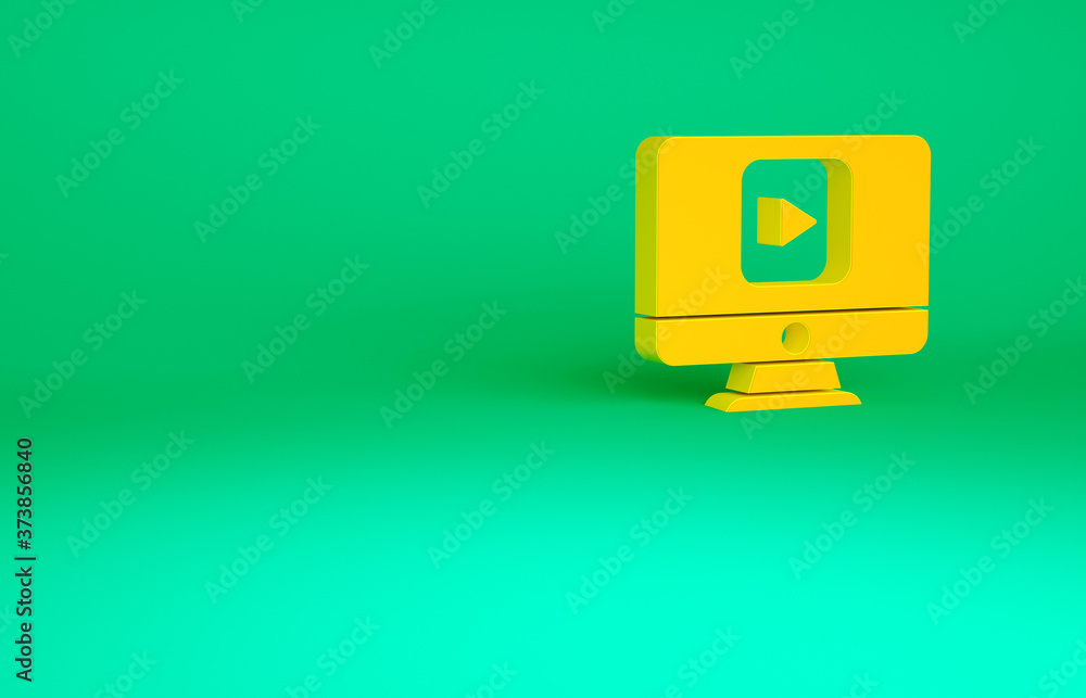 Orange Online play video icon isolated on green background. Computer monitor and film strip with play sign. Minimalism concept. 3d illustration 3D render. Orange Online play video icon isolated on green background. Computer monitor and film strip with play sign. Minimalism concept. 3d illustration 3D render.