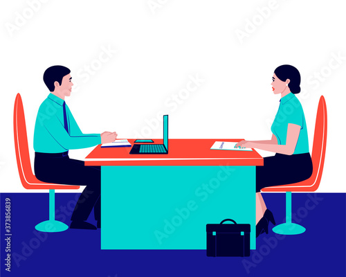 The boss is interviewing a potential employee. Illustration with interview. Recruitment interview. Staff recruitment. Business success. Flat vector illustration.
