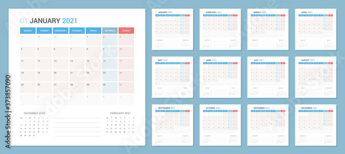 Calendar 2021 Planner Design. The week starts Monday.