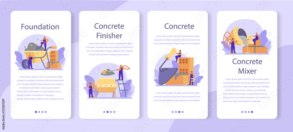 Concrete finisher builder mobile application banner set.