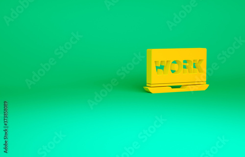 Orange Laptop with text work icon isolated on green background. Minimalism concept. 3d illustration 3D render.