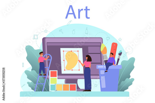 Art school education. Student holding a brush and paints. Artist