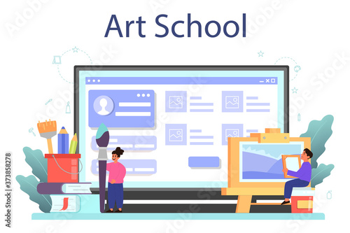 Art school education online service or platform. Student holding