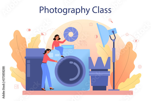 Photography school course. Professional photographer teaching kid