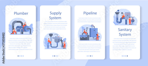 Plumber mobile application banner set. Plumbing service,