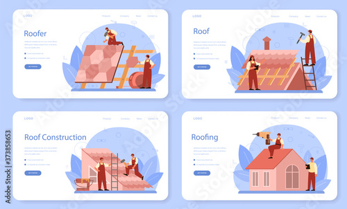 Roof construction worker web banner or landing page set. Building
