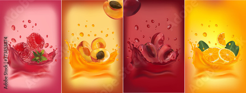 Fruit juice, cherry, raspberry, orange, apricot. 3D realistic fruit and splashes. Organic product. Vector illustration.