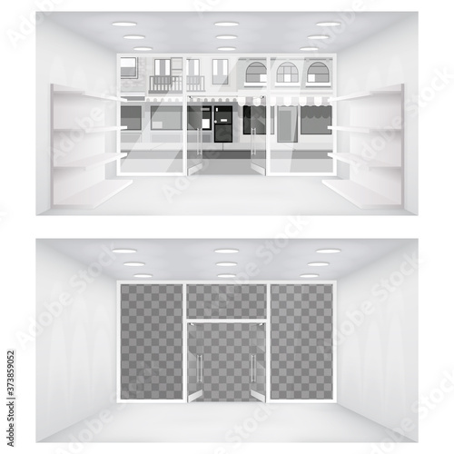 Transparent city street open doors store interior 3d shop empty shelves space background vector illustration