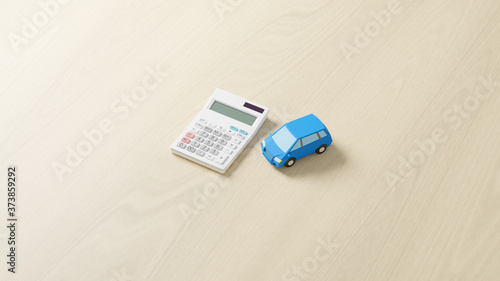 A photo-realistic CG illustration of a car toy and a calculator on a plane.