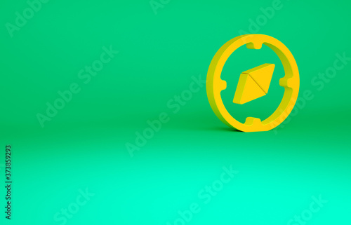 Orange Compass icon isolated on green background. Windrose navigation symbol. Wind rose sign. Minimalism concept. 3d illustration 3D render.