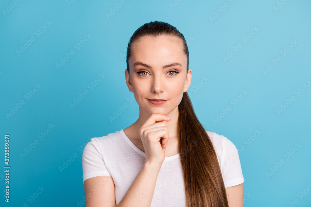 Portrait of smart confident girl expert touch hands chin face ready think thoughts wear good look clothes isolated over blue color background Portrait of smart confident girl expert touch hands chin face ready think thoughts wear good look clothes isolated over blue color background