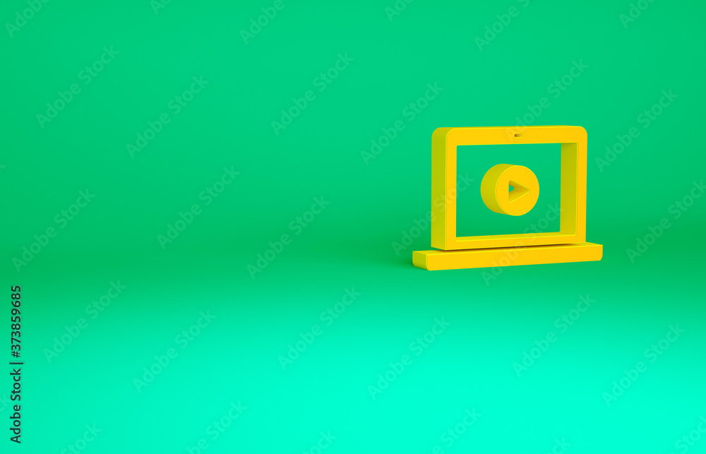 Orange Online play video icon isolated on green background. Laptop and film strip with play sign. Minimalism concept. 3d illustration 3D render. Orange Online play video icon isolated on green background. Laptop and film strip with play sign. Minimalism concept. 3d illustration 3D render.