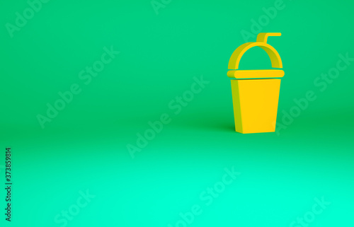 Orange Paper glass with drinking straw and water icon isolated on green background. Soda drink glass. Fresh cold beverage symbol. Minimalism concept. 3d illustration 3D render.