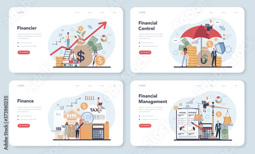 Financier web banner or landing page set. Business character