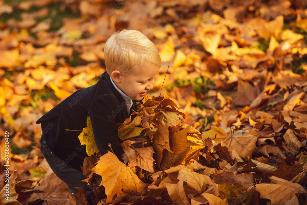 Child with yellow leaf in autumn park, outdoors fall day. Child with yellow leaf in autumn park, outdoors fall day.