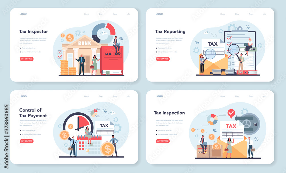Tax inspector web banner or landing page set. Idea of tax reporting