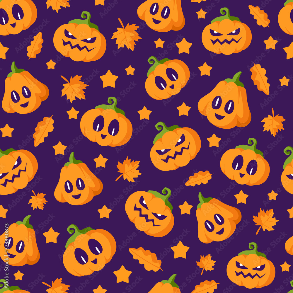 Halloween cartoon seamless pattern - creepy pumpkin lanterns with scary faces and autumn leaves, traditional holiday halloween symbols on dark violet background, vector seamless texture Halloween cartoon seamless pattern - creepy pumpkin lanterns with scary faces and autumn leaves, traditional holiday halloween symbols on dark violet background, vector seamless texture