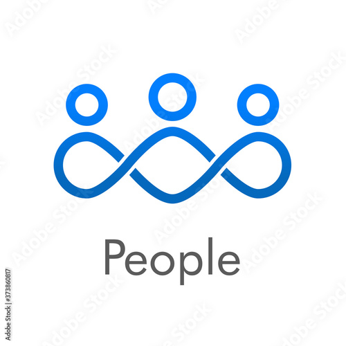 Concepto trabajo en equipo. Logotipo abstracto grupo de personas como nudo tipo circuito cerrado lineal en color azul y palabra people