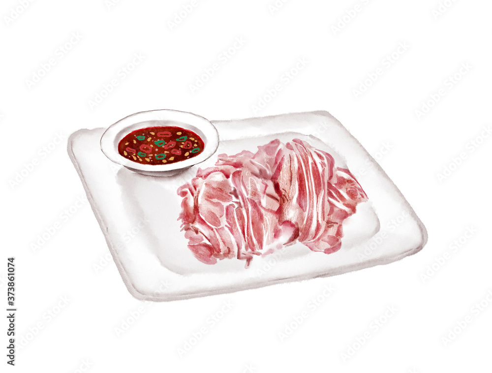 Watercolor Illustration of Chinese Cuisine - Boiled mutton with sauce on a plate | 白切羊肉 Watercolor Illustration of Chinese Cuisine - Boiled mutton with sauce on a plate | 白切羊肉