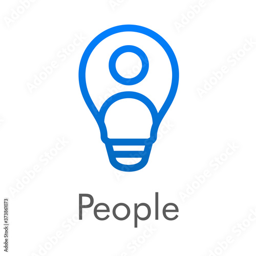 Concepto idea. Logotipo lineal abstracto bombilla con persona en su interior en color azul con palabra People