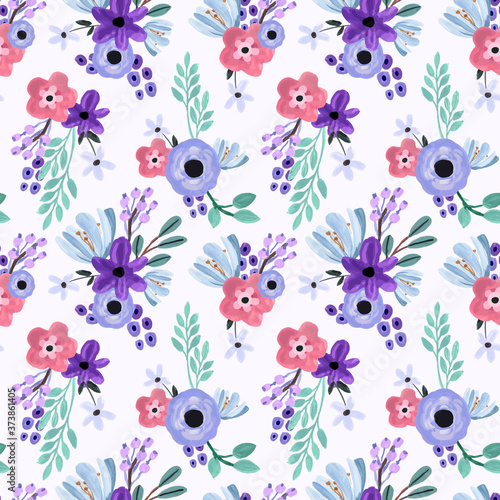 Rose and Lily Purple Pastel Gouache Seamless Pattern © anjaartstudio
