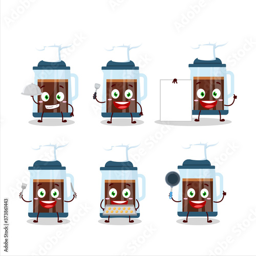 Cartoon character of french press with various chef emoticons