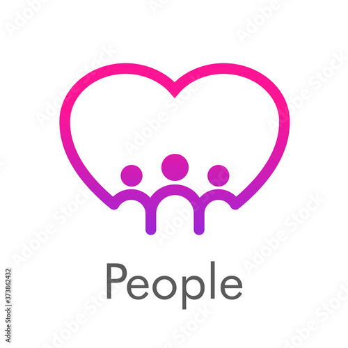 Familia. Logotipo abstracto corazón con círculos como grupo de personas en lineas rosa con la palabra People